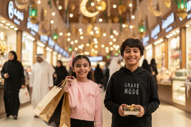 أطفال سعوديون يتسوقون في مول مع زينة رمضان