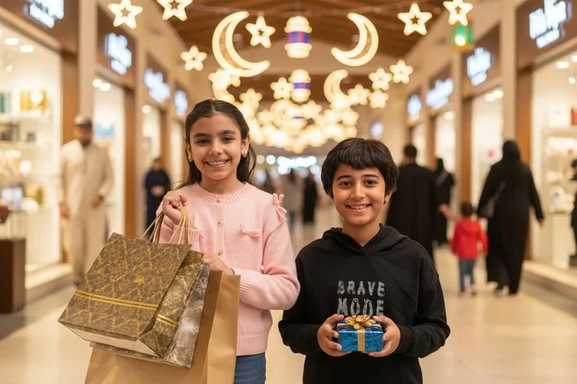 أطفال عرب يتسوقون في المول مع هدايا العيد