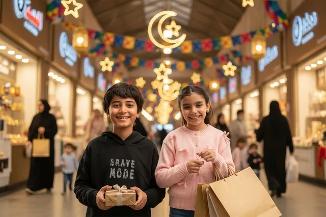 أطفال عرب يتسوقون في سوق تقليدي مزين