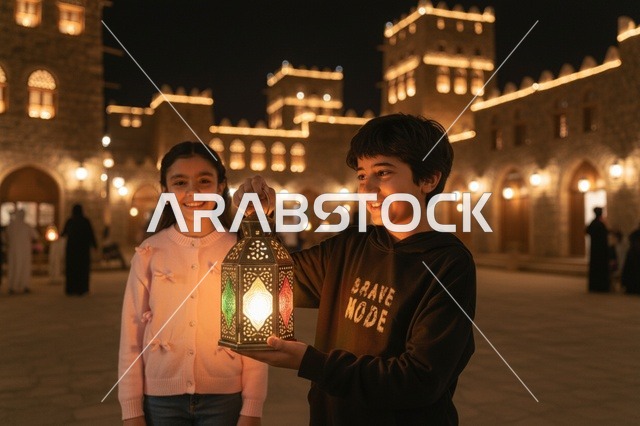 أطفال سعوديون يحملون فانوس رمضان في موقع تراثي