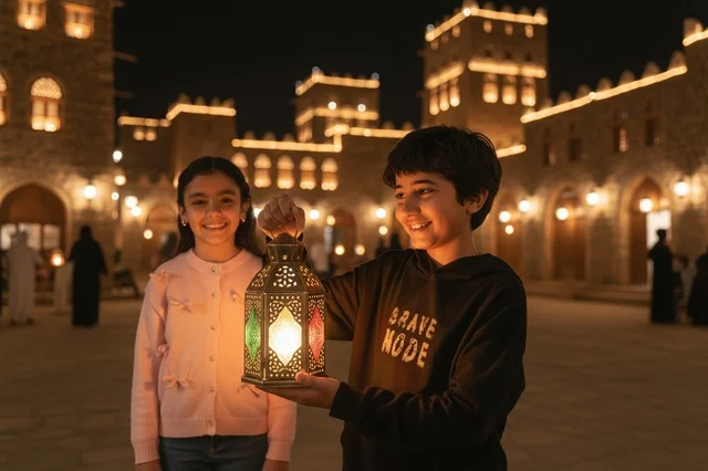 Saudi Children with Ramadan Lantern in Heritage Site