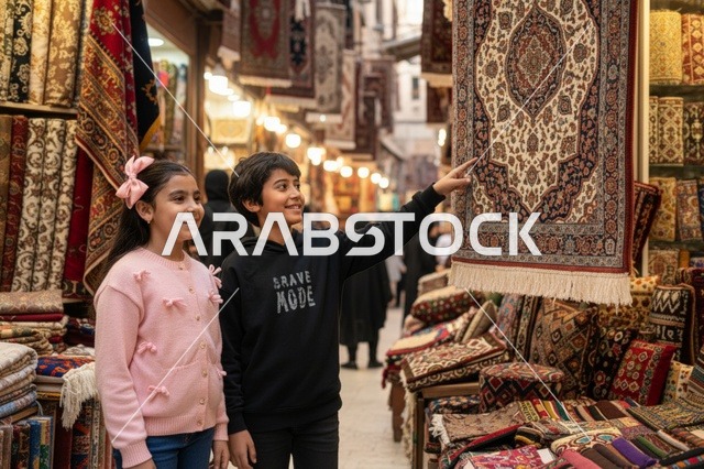 أطفال سعوديون في سوق السجاد التقليدي التاريخي