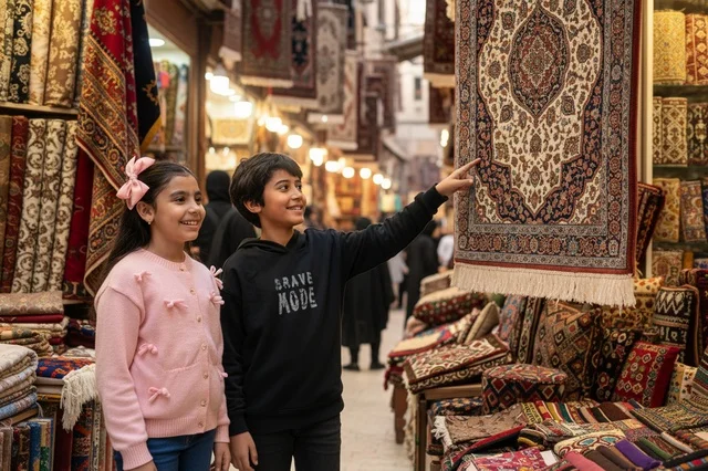 Saudi Children Exploring Traditional Carpet Souq