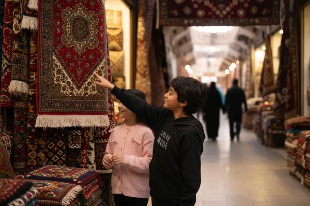 Saudi Children Looking at Traditional Rugs in a Bazaar