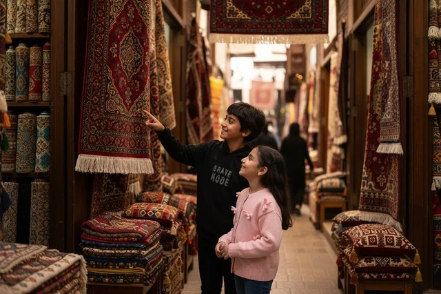 أطفال عرب يتسوقون السجاد التقليدي في السوق الشعبي أطفال عرب يتسوقون السجاد التقليدي في السوق الشعبي