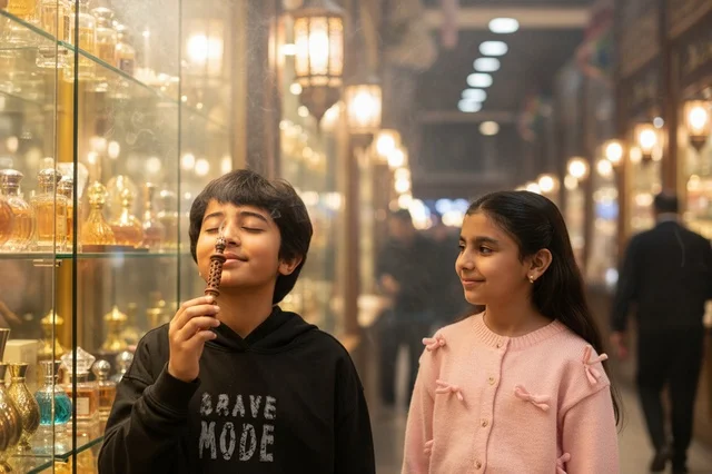 أطفال سعوديون يتسوقون العطور في سوق شعبي تقليدي