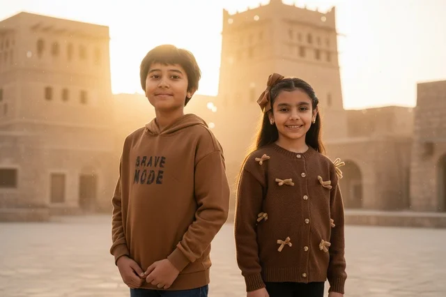 أطفال عرب في موقع تراثي وقت الغروب