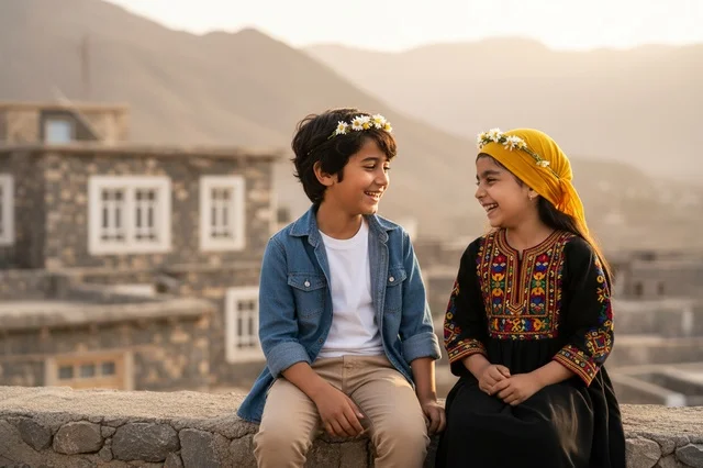 Saudi Children in Traditional Dress at Mountain Village