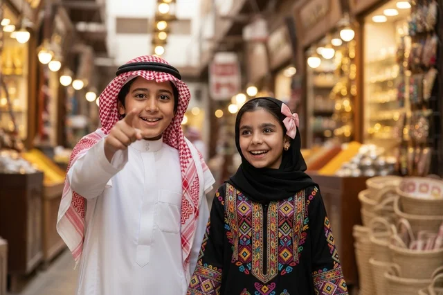 Saudi Children in Traditional Clothing at Heritage Souq