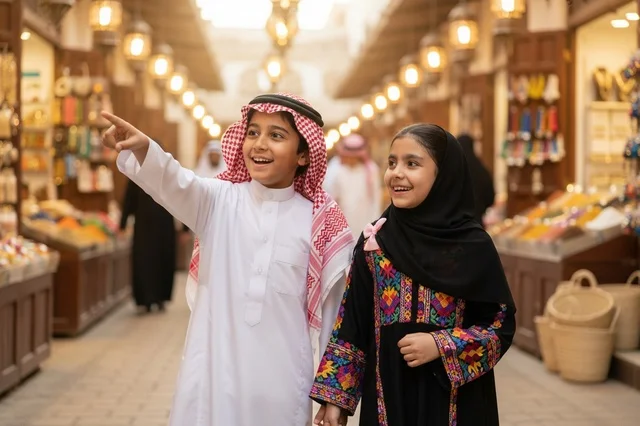 Saudi Children in Traditional Dress at Heritage Souq