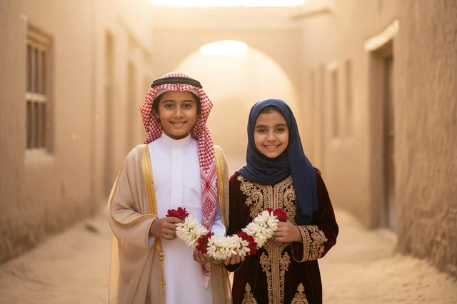 Saudi Children in Traditional Attire Holding Flowers