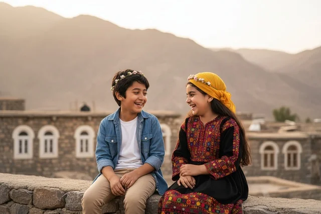 Saudi Children in Traditional Asir Dress at Sunset