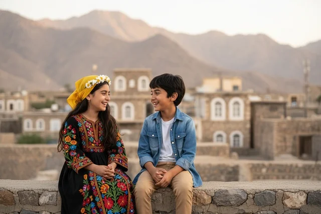 Arab Children in Traditional Dress in Mountain Village