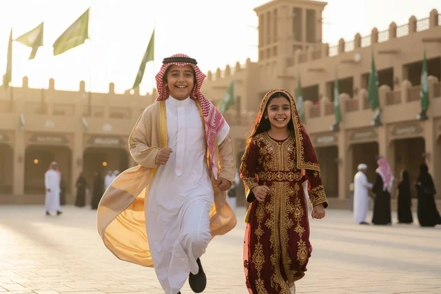Saudi Children Running in Traditional Dress at Heritage Site