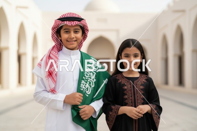 أطفال سعوديون بالعلم واللباس التقليدي في موقع تراثي