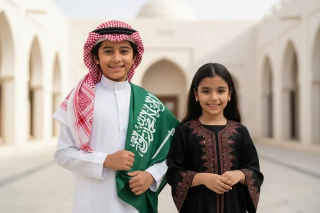 أطفال سعوديون بالعلم واللباس التقليدي في موقع تراثي