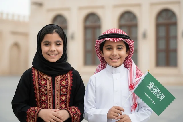 Saudi Children Holding National Flag in Traditional Attire