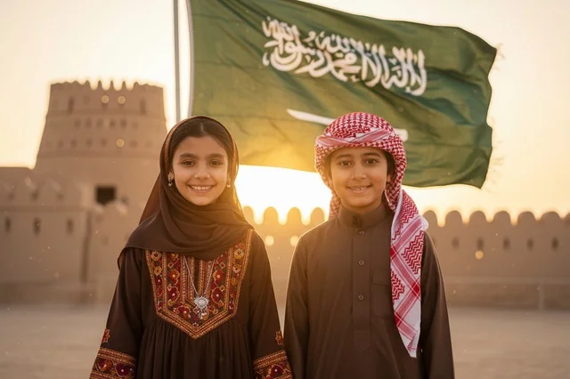 أطفال سعوديون مع العلم الوطني أمام حصن تاريخي أطفال سعوديون مع العلم الوطني أمام حصن تاريخي