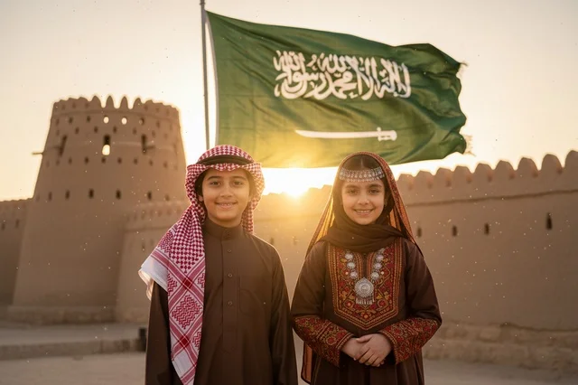 Saudi Children in Traditional Clothing at Historical Fort Saudi Children in Traditional Clothing at Historical Fort