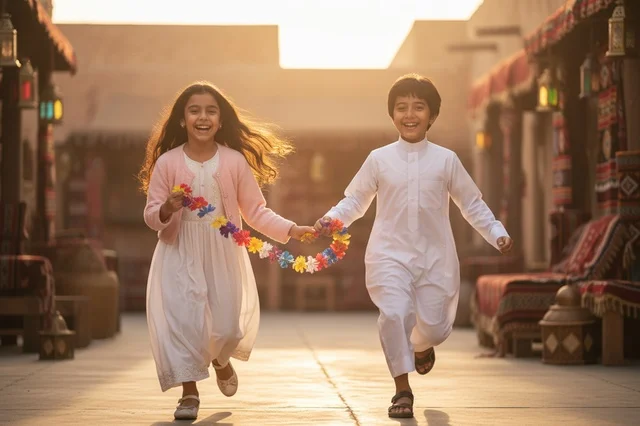 Saudi children in traditional attire at a historical heritage site.