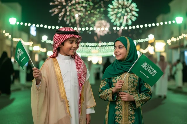 أطفال سعوديون بالزي التقليدي يحملون العلم السعودي