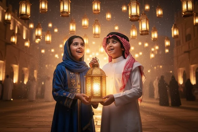 أطفال سعوديون يحملون فانوس رمضان المضيء ليلاً