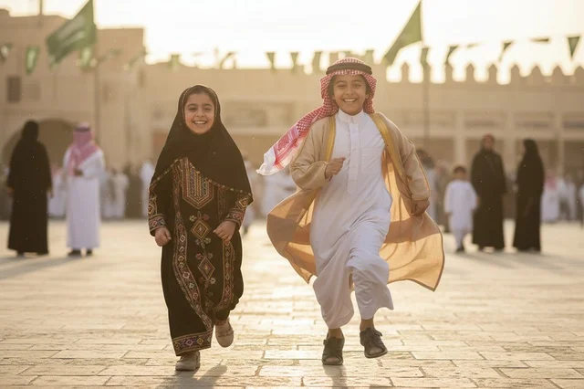 Saudi Children in Traditional Dress Running at Sunset