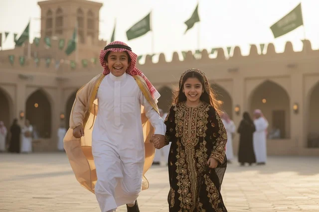 Saudi Children in Traditional Dress at Heritage Site