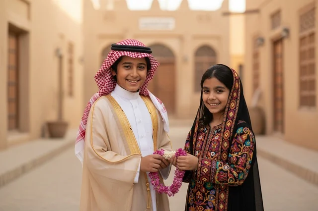 أطفال سعوديون بالزي التقليدي في موقع تراثي تاريخي