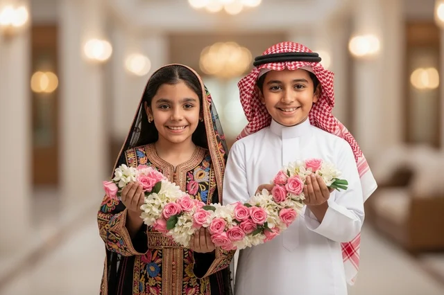 Saudi Children in Traditional Attire with Flower Garland