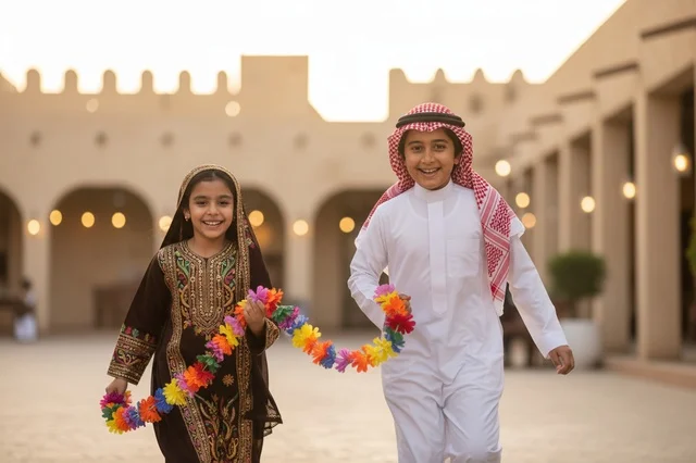 أطفال سعوديون بالزي التقليدي في موقع تراثي تاريخي
