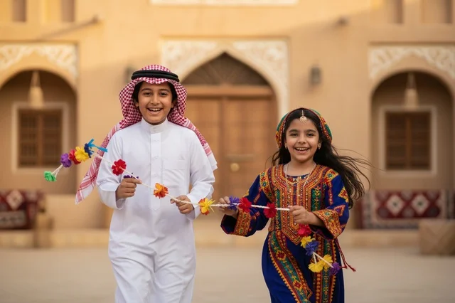 أطفال سعوديون بالزي التقليدي في قرية تراثية
