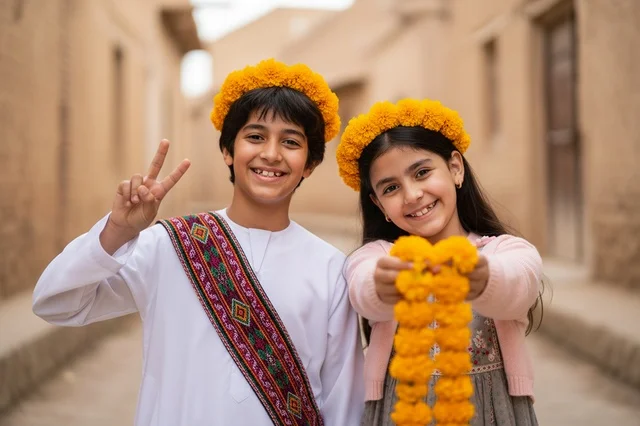 Saudi Children in Asir Wearing Traditional Flower Crowns