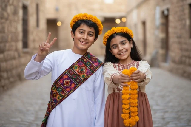 Saudi Children in Traditional Aseer Southern Heritage Dress