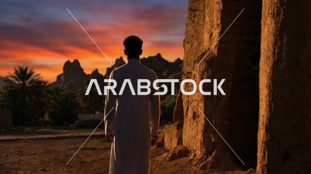 رجل سعودي بالثوب التقليدي عند غروب الشمس في الصحراء