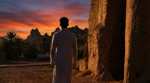 رجل سعودي بالثوب التقليدي عند غروب الشمس في الصحراء
