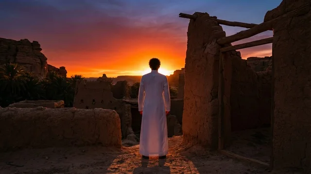 رجل سعودي بالثوب التقليدي وسط أطلال تراثية وقت الغروب