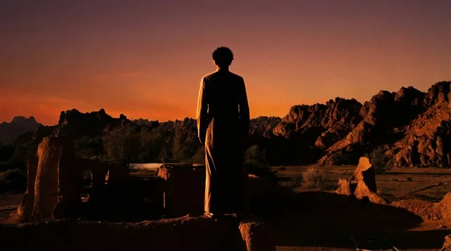 Saudi Man in Thobe Silhouetted against Desert Sunset