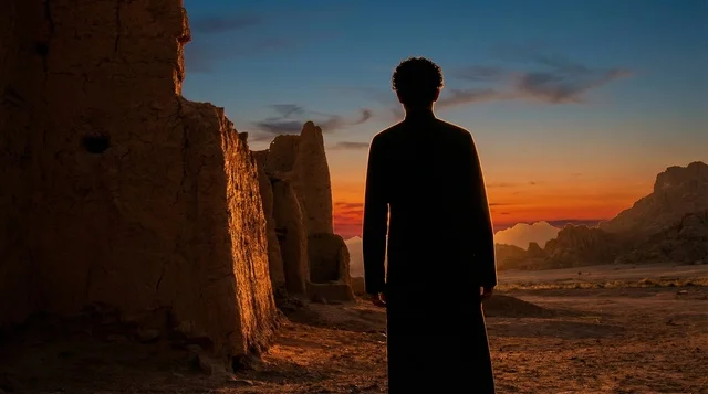Saudi Man in Traditional Thobe at Ancient Ruins Sunset