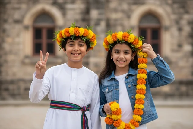 أطفال عمانيون بالزي التقليدي وتيجان الزهور