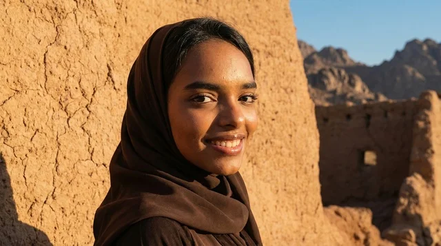 امرأة سعودية بالحجاب في موقع تراثي صحراوي