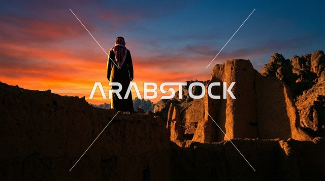 رجل سعودي عند الأطلال التاريخية وقت الغروب