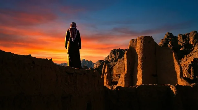 رجل سعودي عند الأطلال التاريخية وقت الغروب