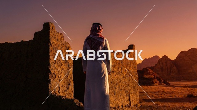 رجل سعودي في الصحراء عند الغروب أمام أطلال تراثية