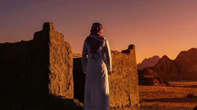 Saudi Man in Desert at Sunset near Traditional Ruins