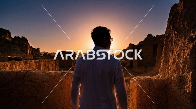 رجل سعودي في الأطلال الطينية القديمة عند الغروب