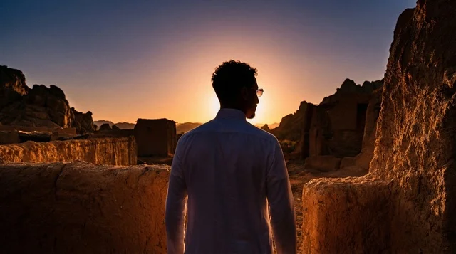 رجل سعودي في الأطلال الطينية القديمة عند الغروب