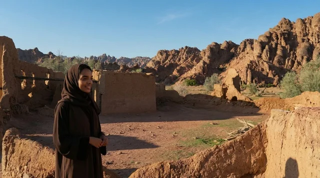 امرأة سعودية في أطلال العلا الطينية القديمة