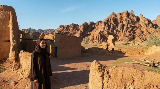 Saudi Woman in Abaya at Ancient Mud Ruins