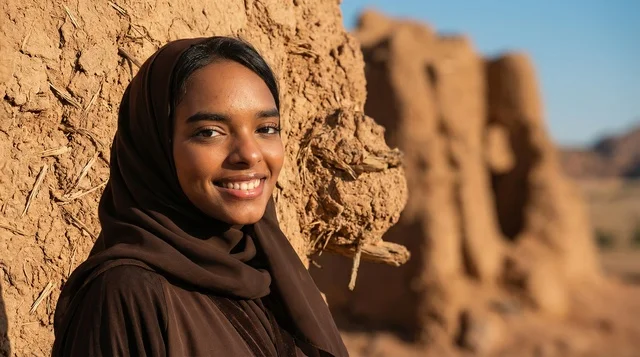 Saudi Woman in Abaya at Mud Brick Ruins